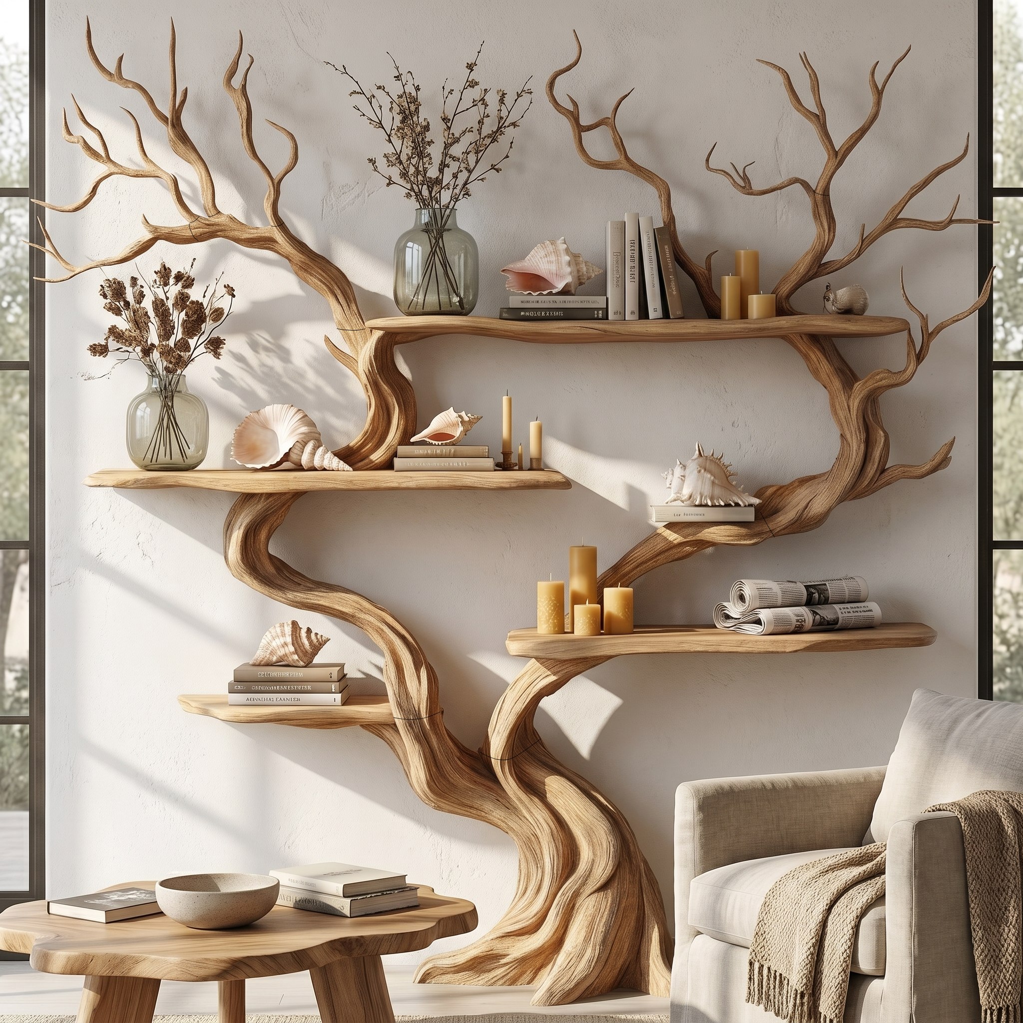 Organic Tree Wall Shelf With Multi Tier Display Shelves For Home
