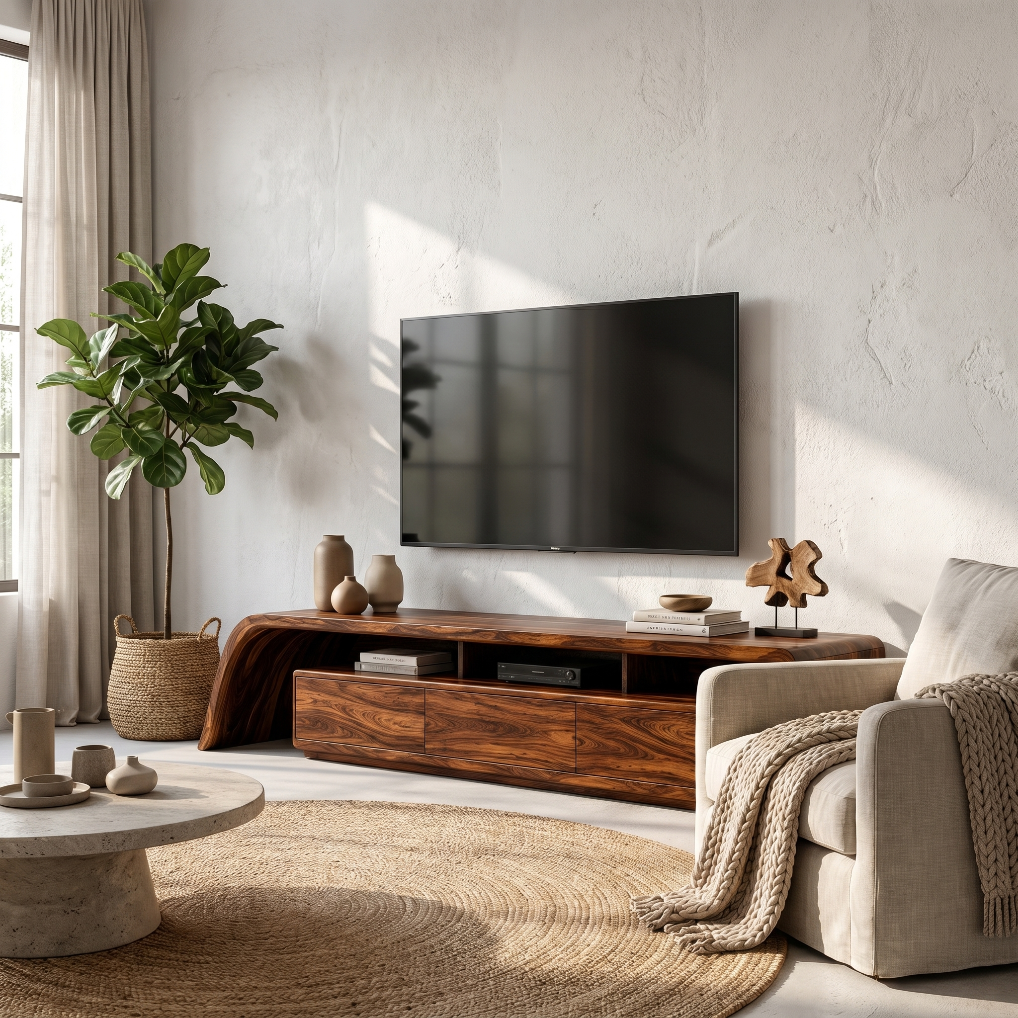 Modern TV Cabinet With Built In Storage And Rounded Curved Edges For Living Room