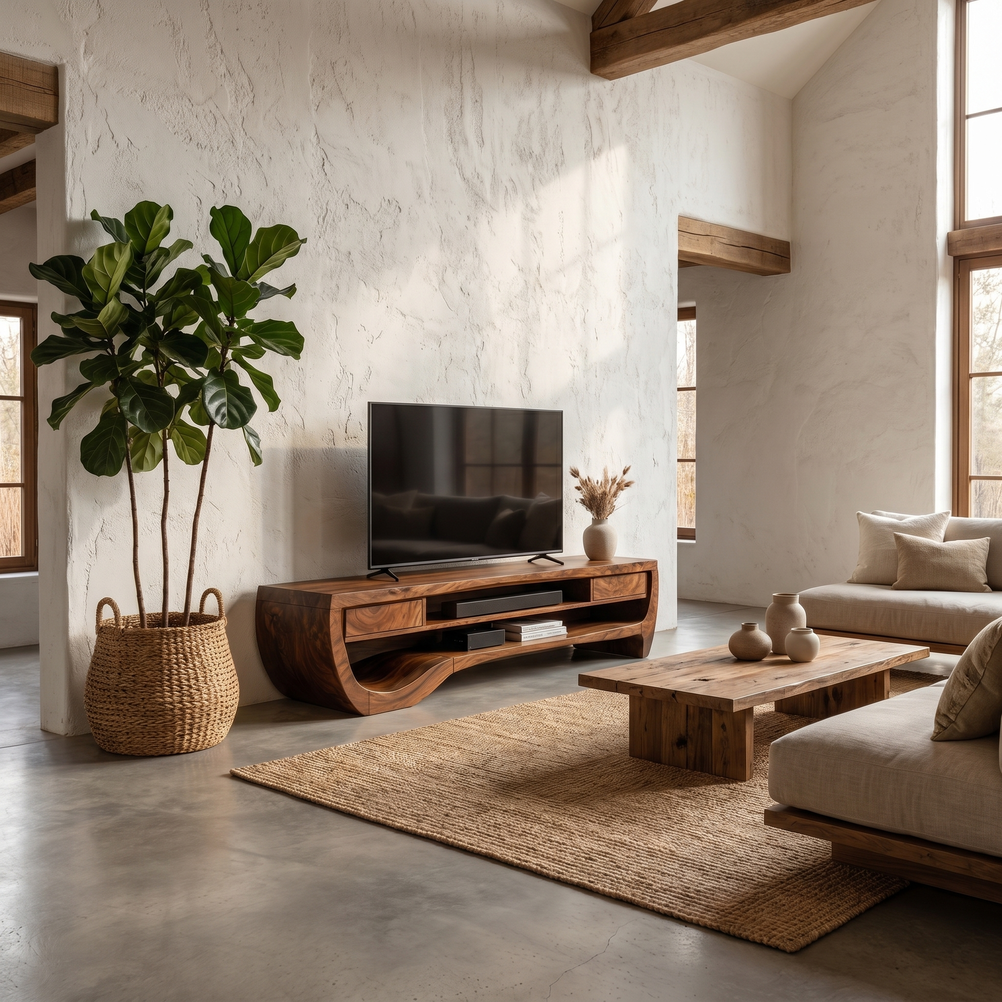Organic TV Cabinet With Open Storage And Sculptural Curved Wood Design For Living Room
