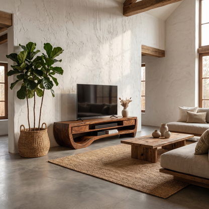 Organic TV Cabinet With Open Storage And Sculptural Curved Wood Design For Living Room
