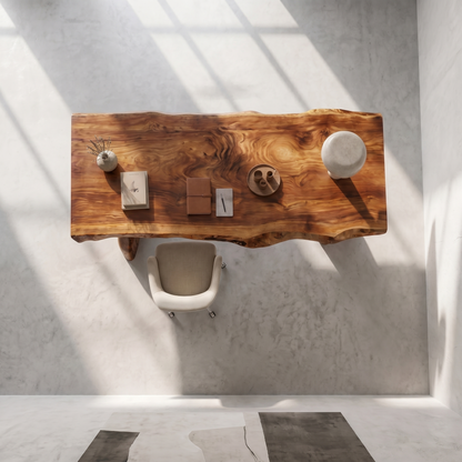 Rustic Live Edge Executive Desk With Sculptural Solid Wood Base For Home Office