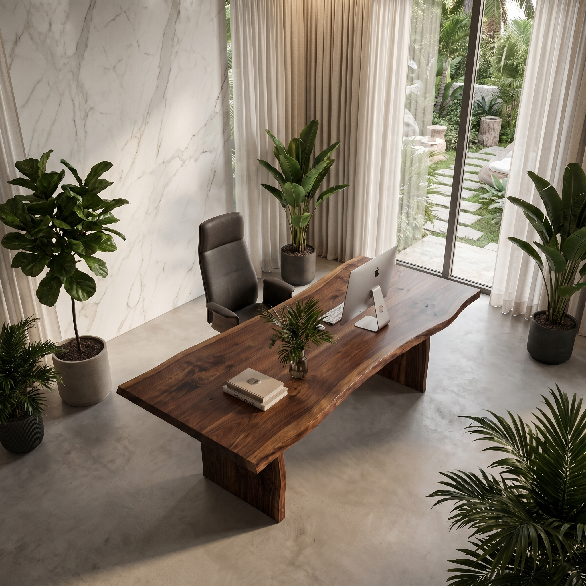 Rustic Live Edge Wooden Desk With Solid Wood Pedestal Base For Home Office