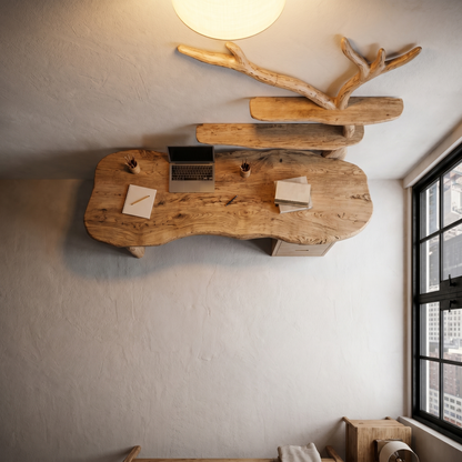 Organic Wooden Desk With Tree Branch Bookshelf And Built In Drawer Storage For Home Office And Workspace