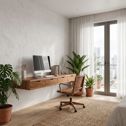 Modern Floating Desk With Built In Drawer Storage And Wall Mounted Shelves For Home Office And Workspace