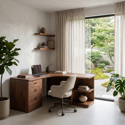 Modern Corner Desk With Built In Drawer Storage And Open Shelves For Home Office And Workspace