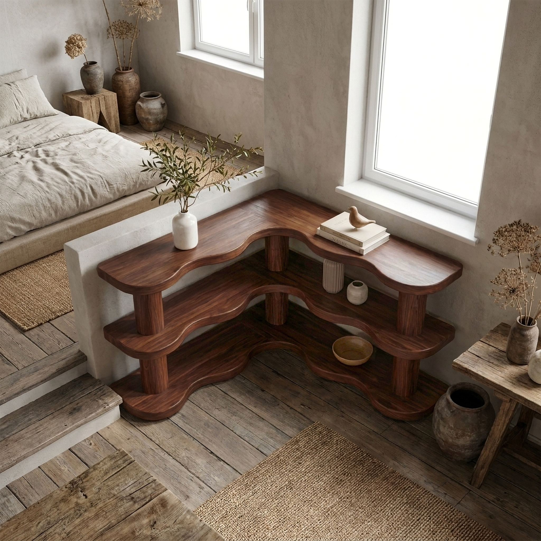 Rustic Modern Corner Bookshelf With Multi Tier Wooden Shelves For Living Room And Bedroom