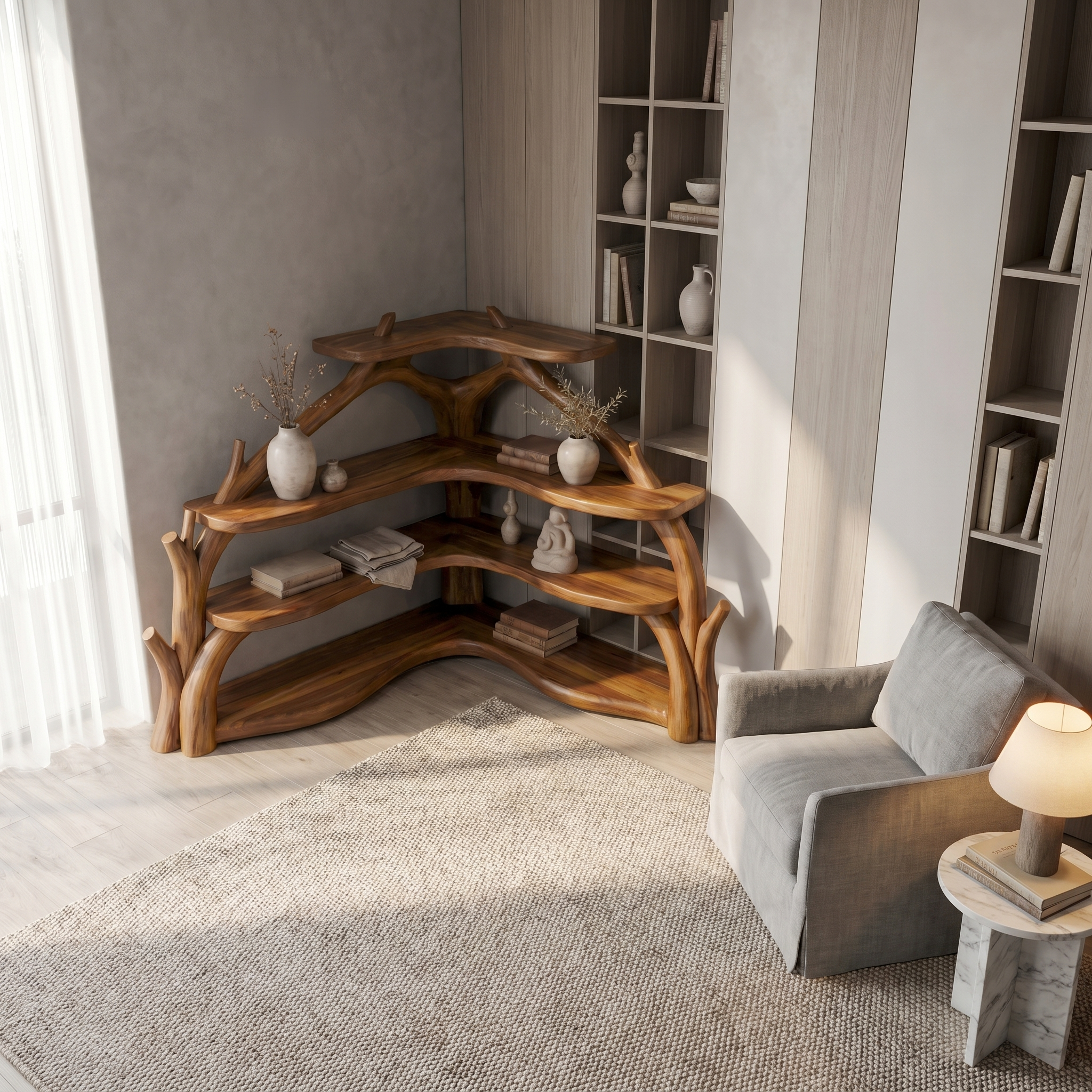Sculptural Corner Bookcase With Natural Branch Design For Living Room