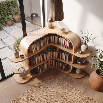 Scandinavian Arched Corner Bookshelf With Multi Tier Open Shelves For Living Room And Bedroom