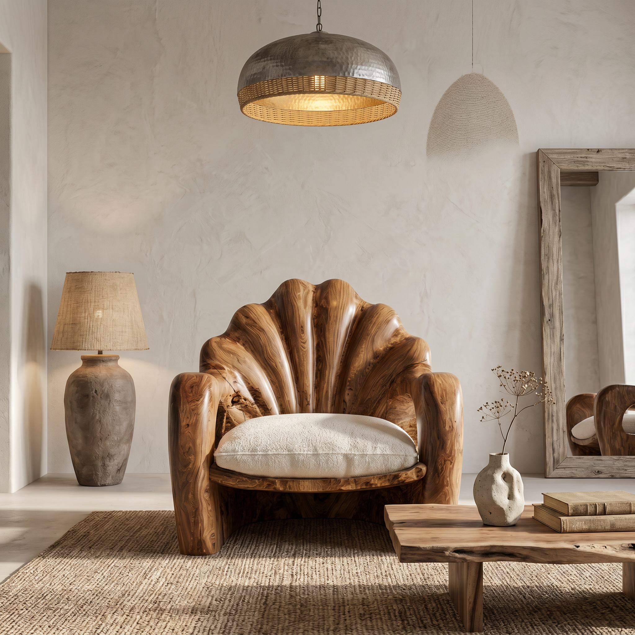 Rustic Armchair With Sculptural Solid Wood Frame For Living Room