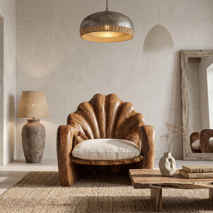 Rustic Armchair With Sculptural Solid Wood Frame For Living Room
