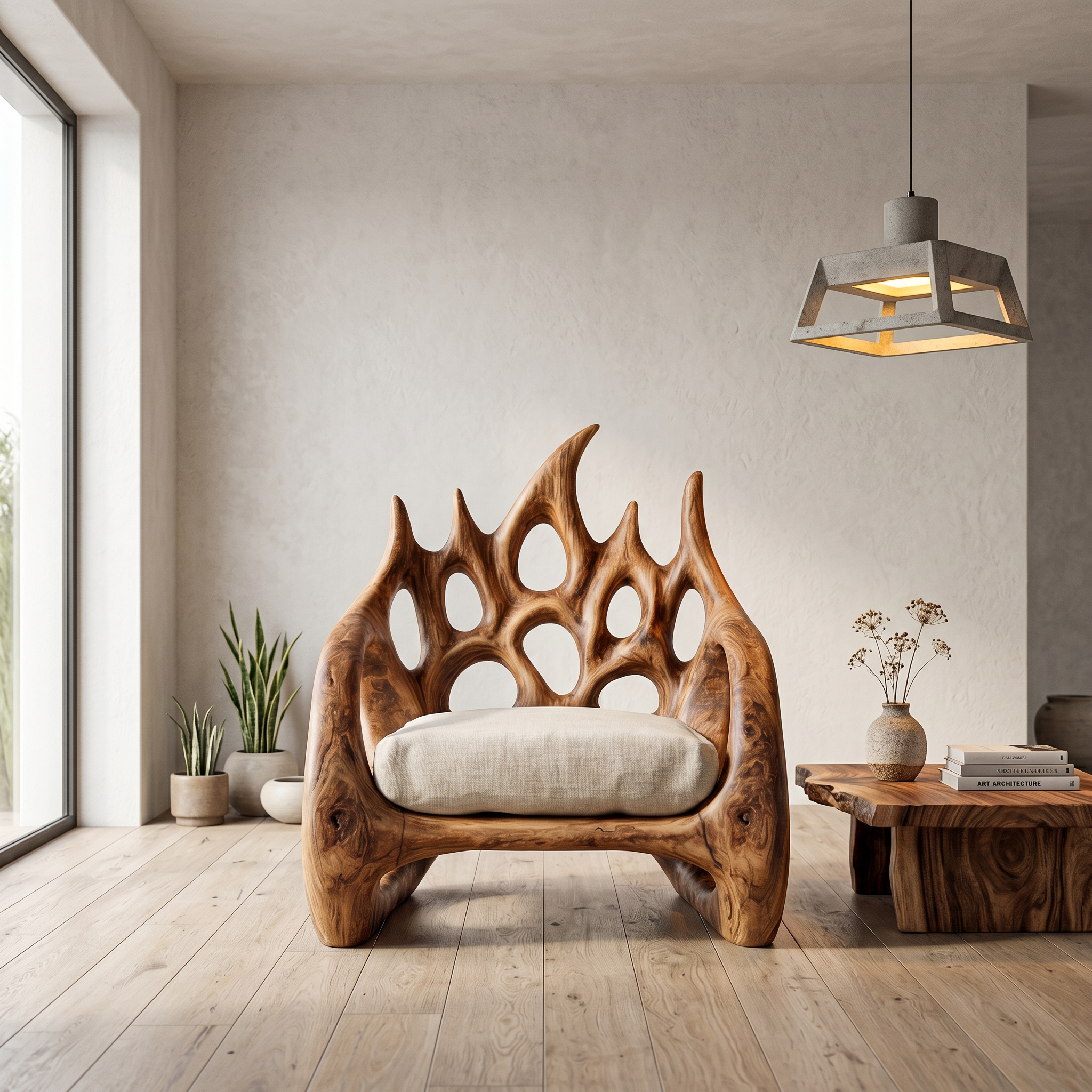 Contemporary Armchair With Organic Wood Silhouette For Living Room Decor
