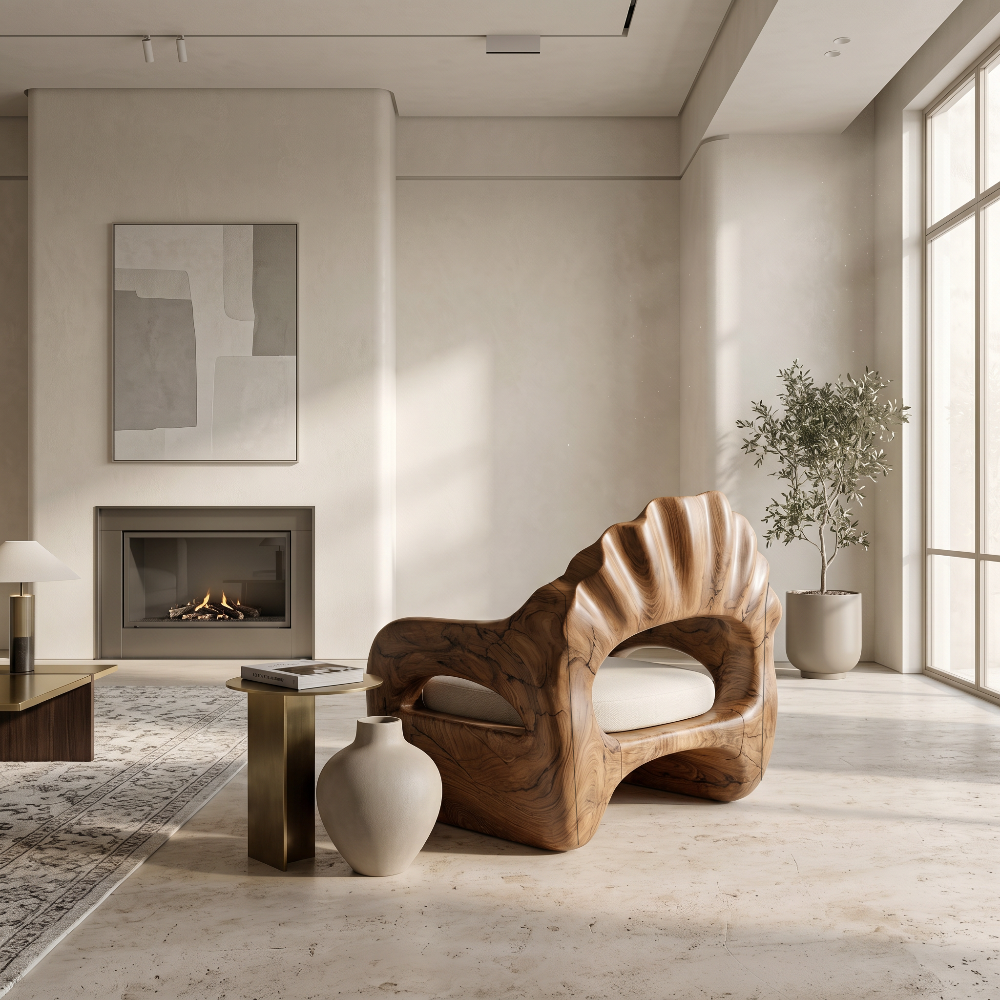 Sculptural Lounge Chair With Handcrafted Wooden Structure For Living Room