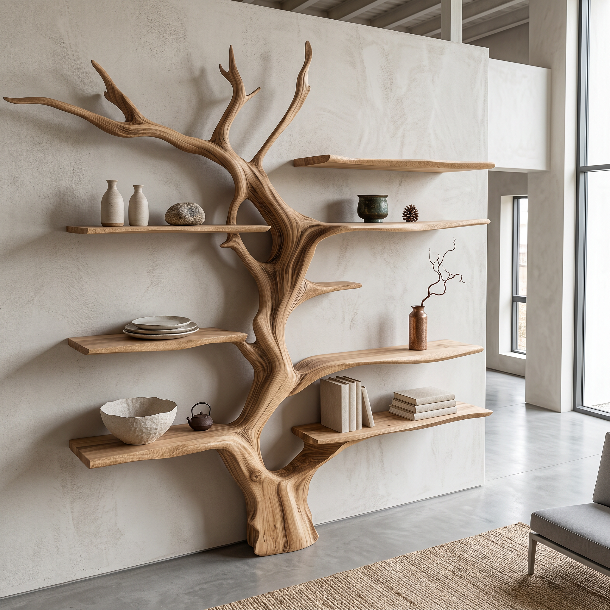 Sculptural Tree Bookcase Artistic Wooden Wall Shelf