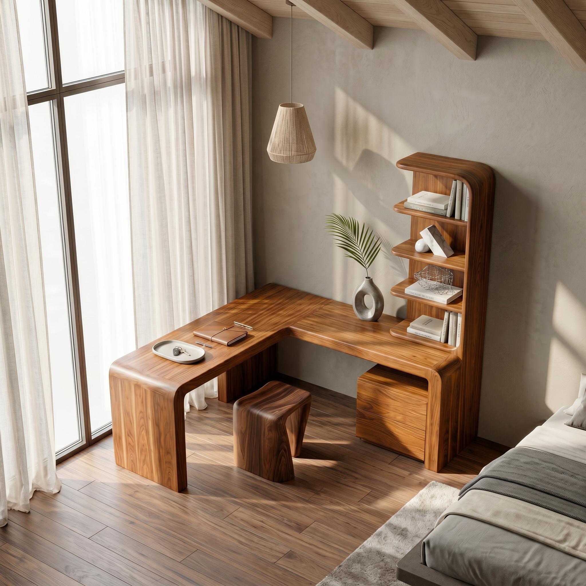 Organic Desk With Storage Shelves And Cabinet For Home Office