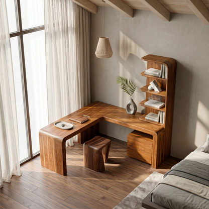 Organic Desk With Storage Shelves And Cabinet For Home Office