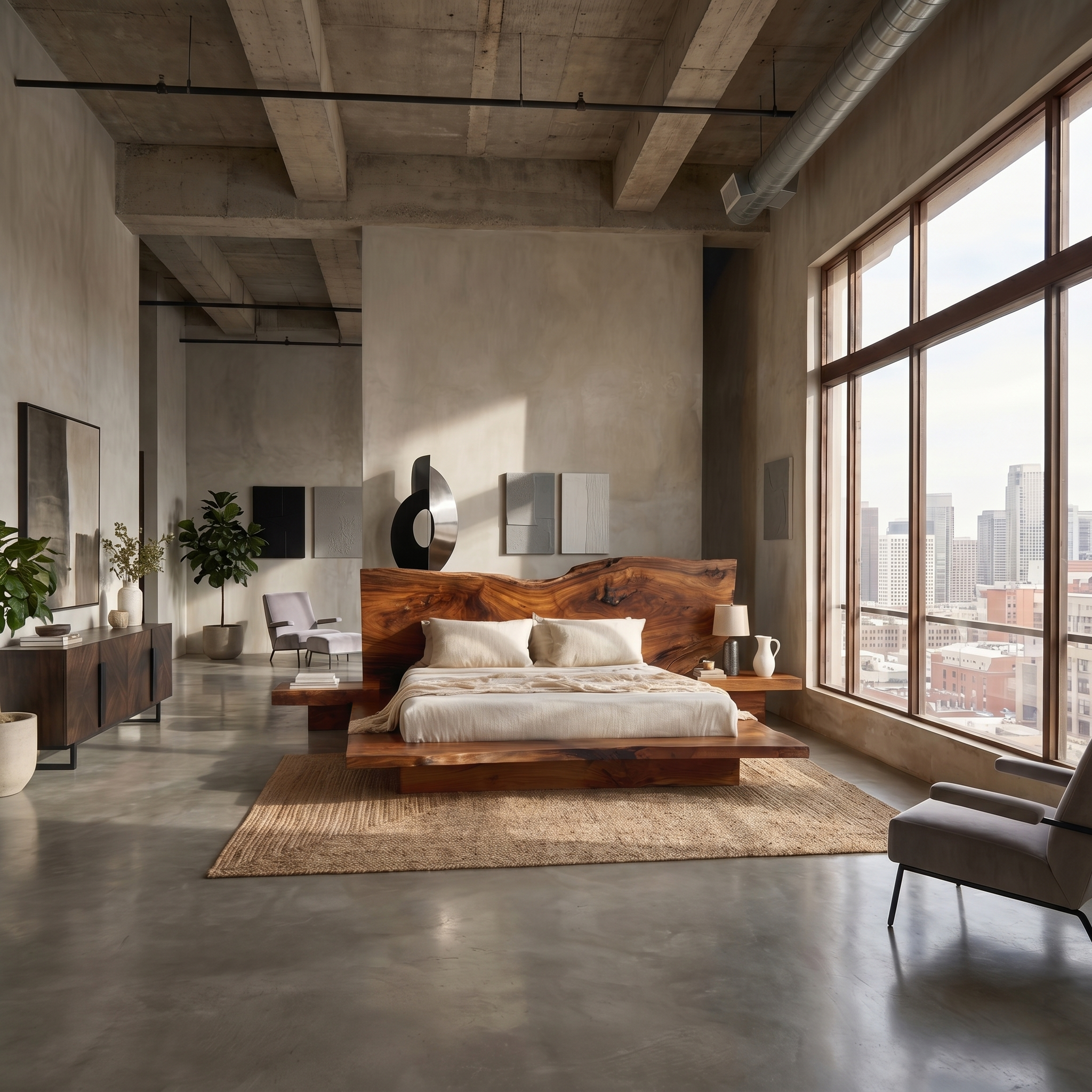 Rustic Live Edge Bed Frame With Sculptural Headboard For Bedroom