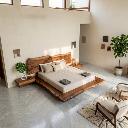 Organic Sculptural Bed Frame With Handcrafted Solid Wood Headboard And Floating Platform Design For Bedroom