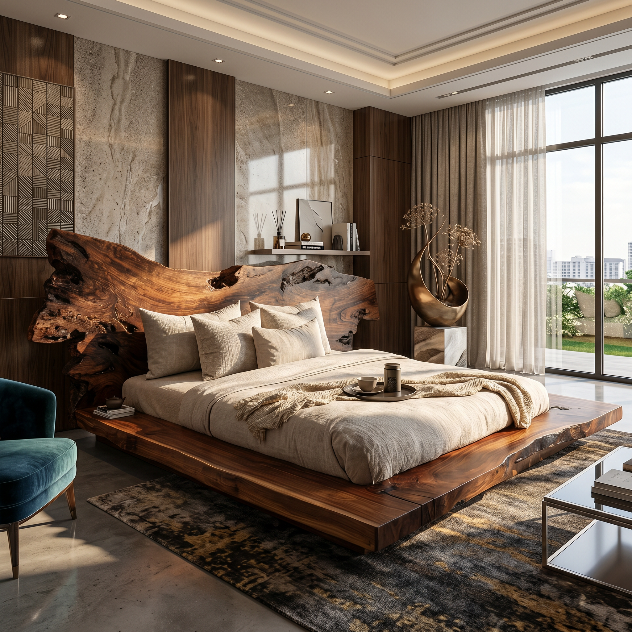 Contemporary Low Profile Bed Frame With Organic Wood Headboard For Bedroom