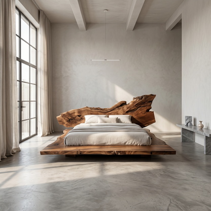 Modern Bed Frame With Live Edge Wood Headboard For Bedroom