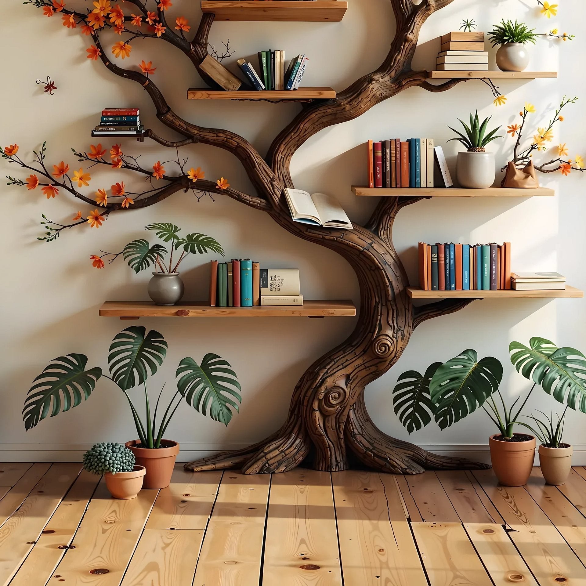 Branch-Shaped Wooden Bookshelf