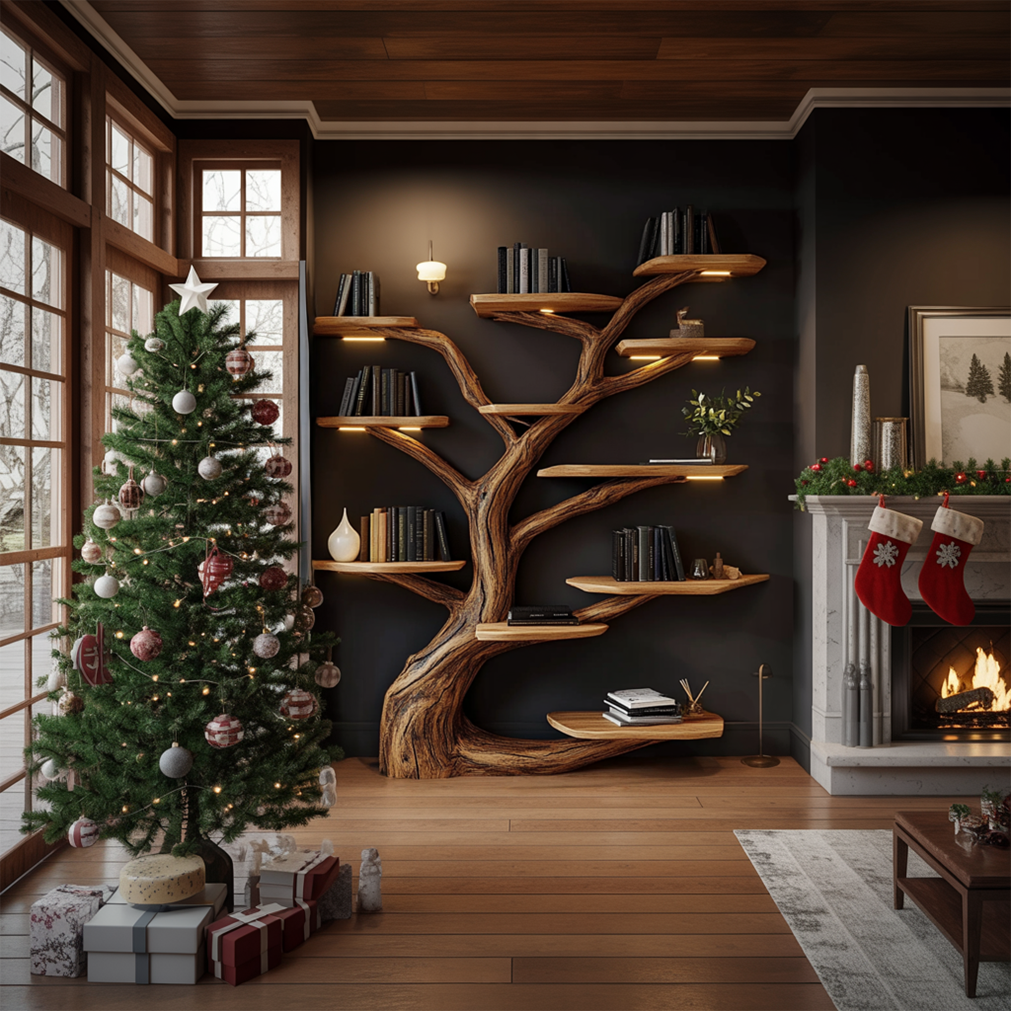 Rustic Tree Shelf Christmas Holiday Living Room