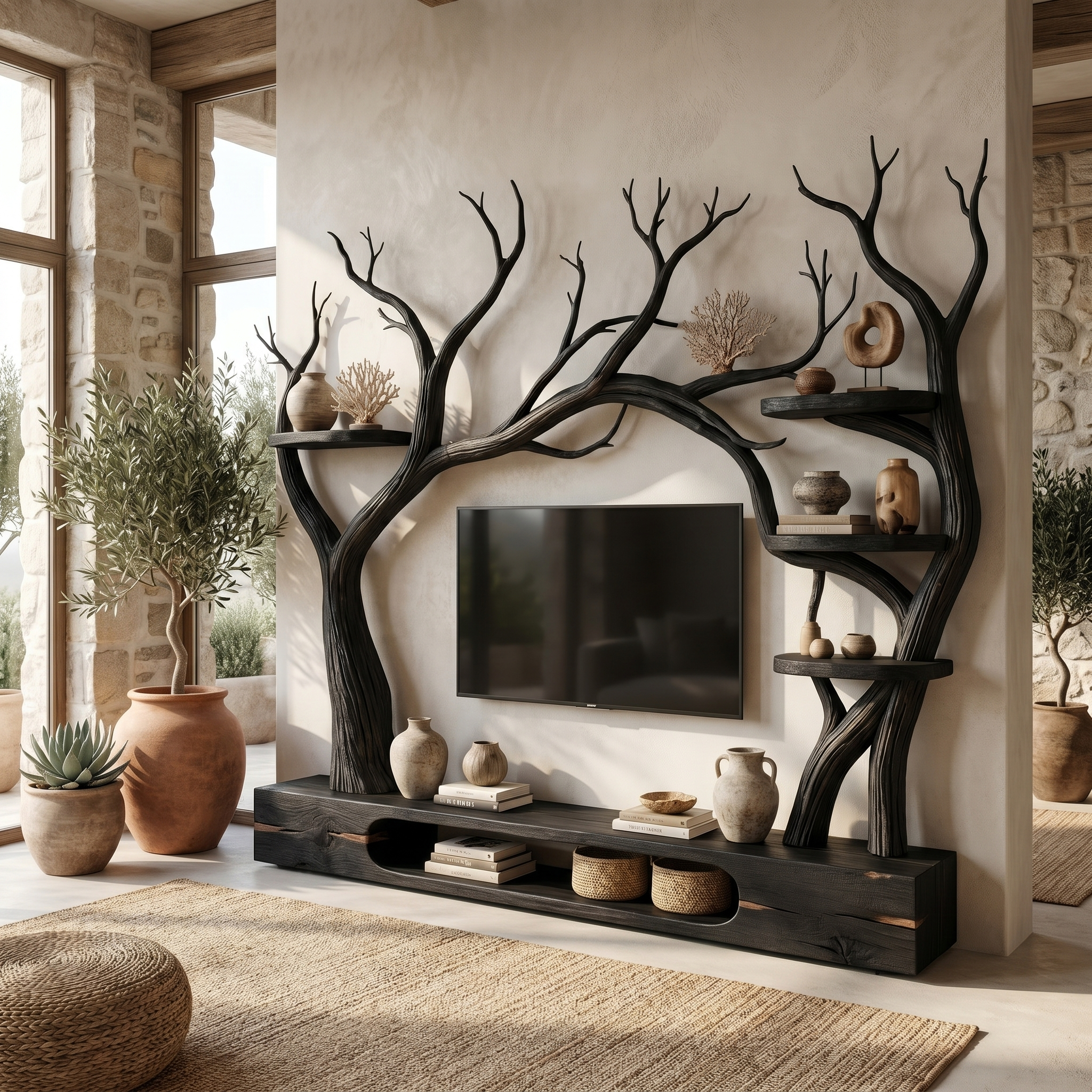 Rustic Tree Inspired TV Stand For Living Room And Interior Decor