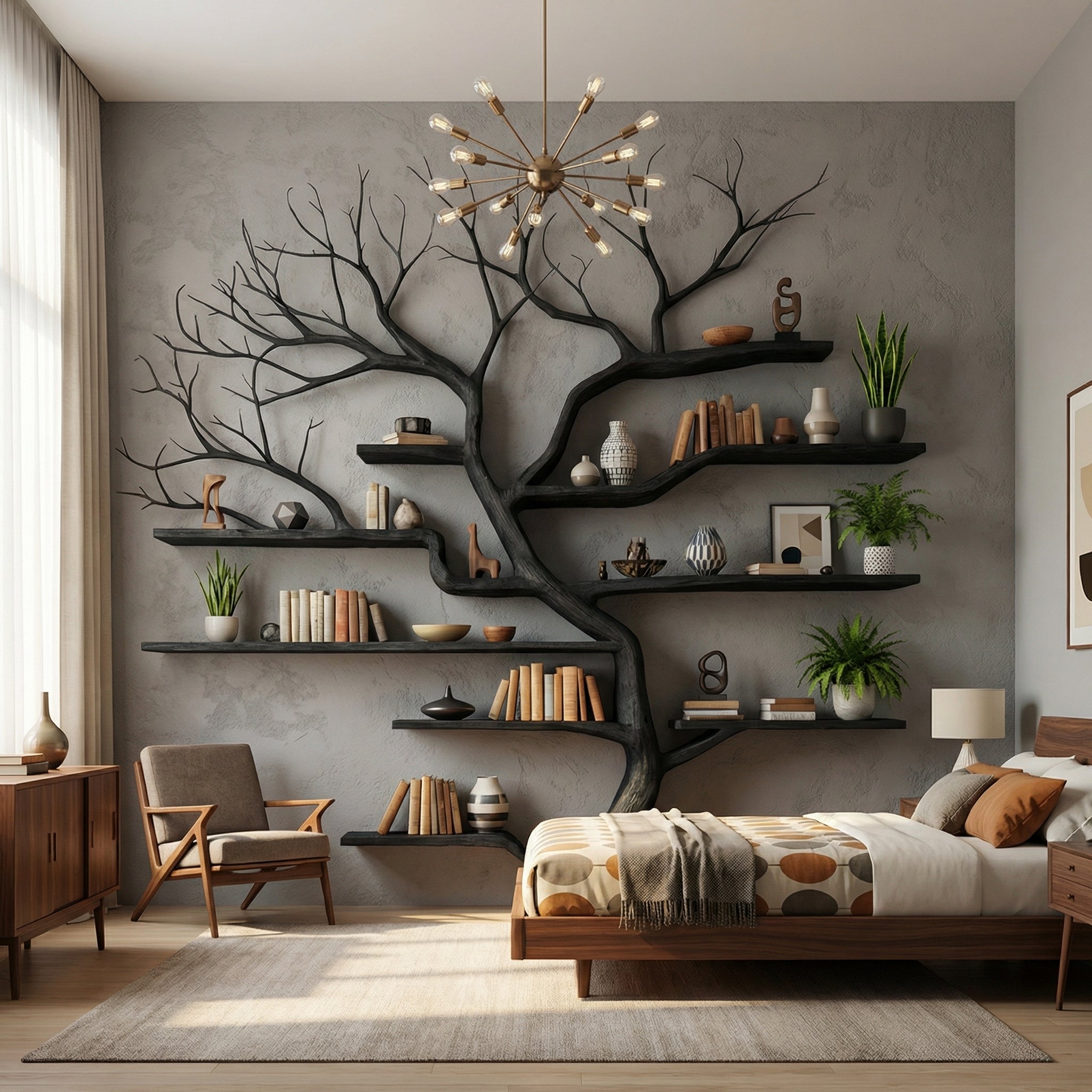 Rustic Tree Branch Bookshelf Living Wall