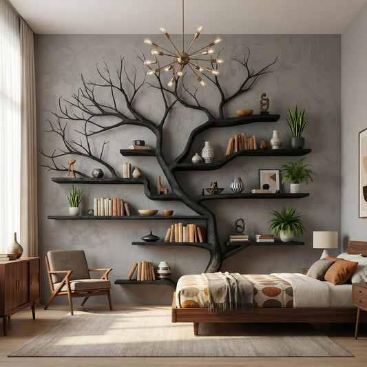 Rustic Tree Branch Bookshelf Living Wall