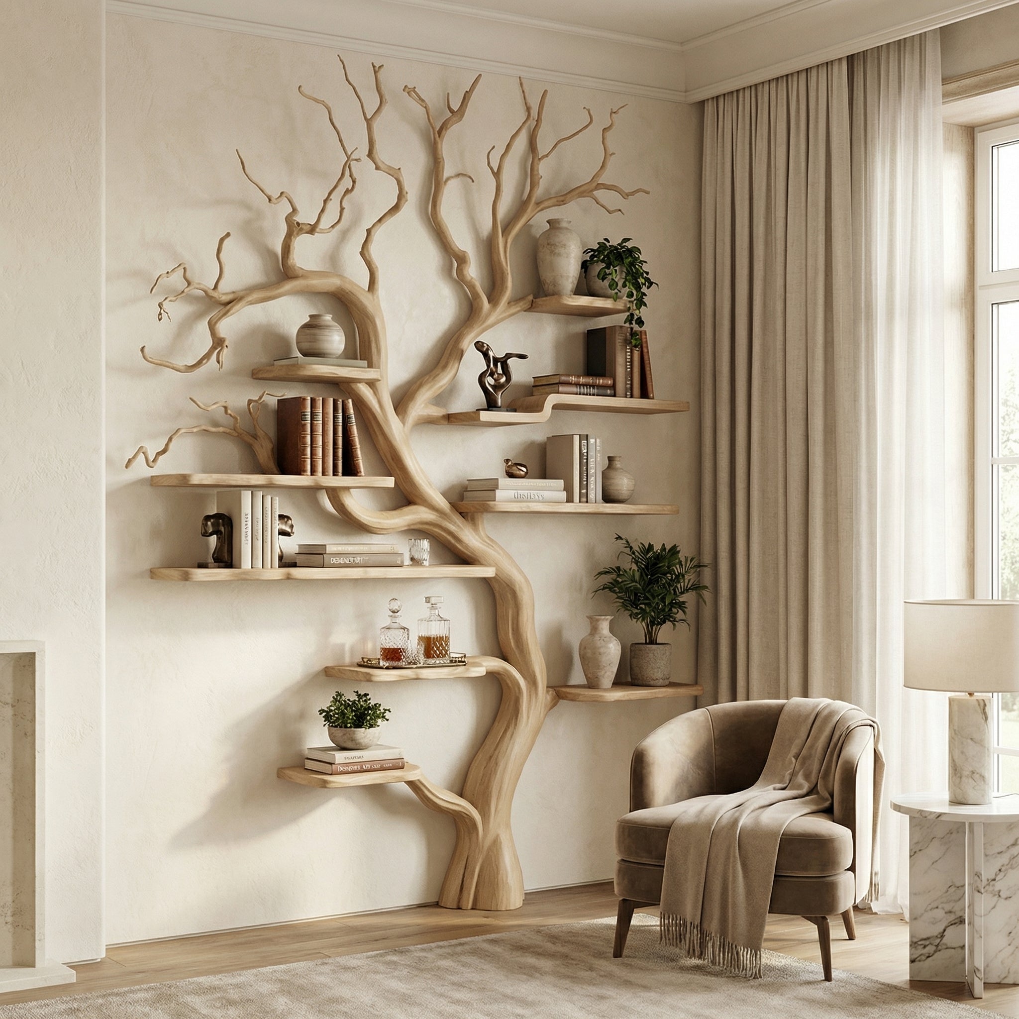 Rustic Tree Branch Bookshelf Living Wall