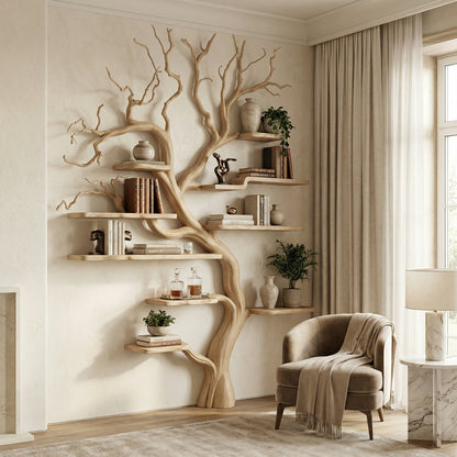 Rustic Tree Branch Bookshelf Living Wall