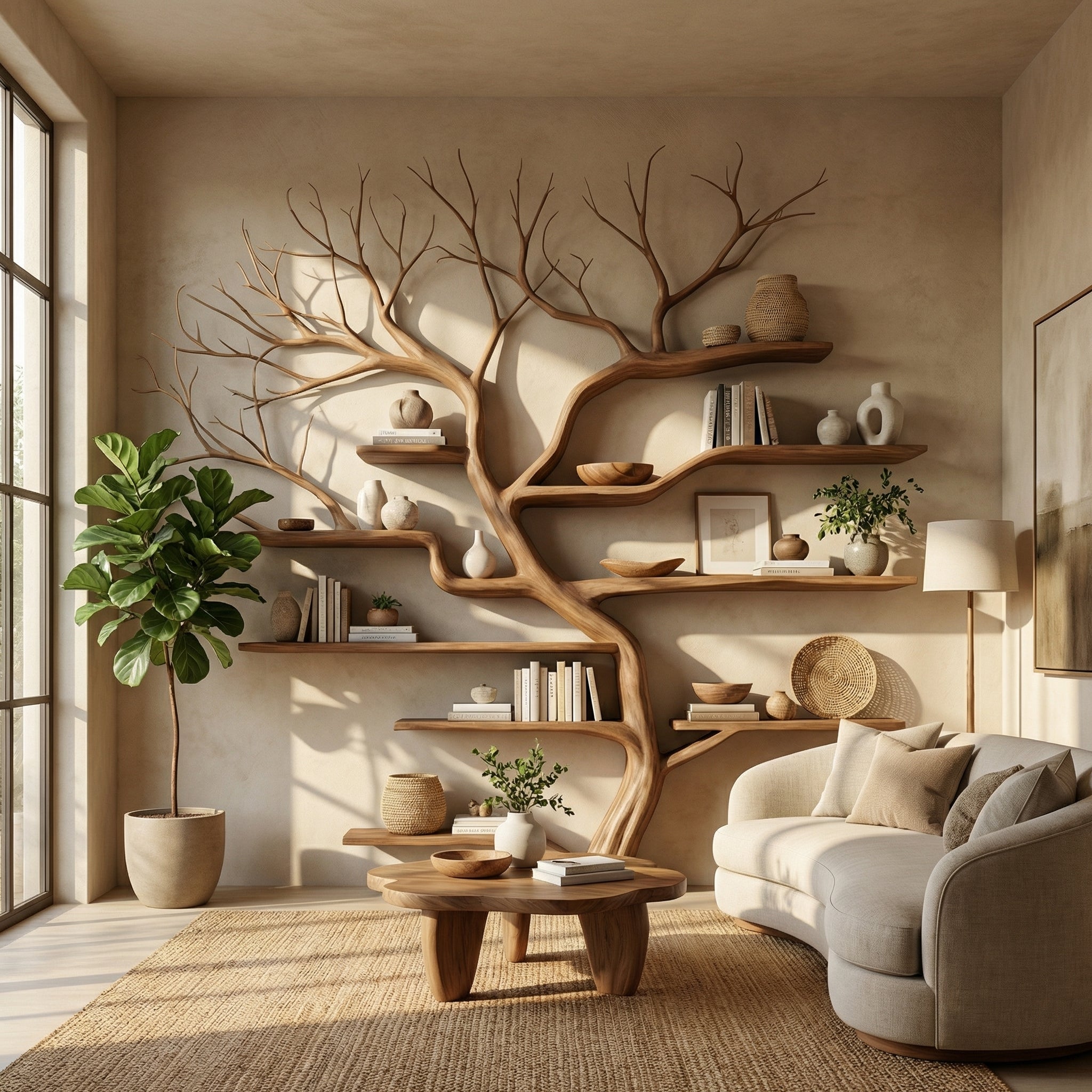 Rustic Tree Branch Bookshelf Living Wall