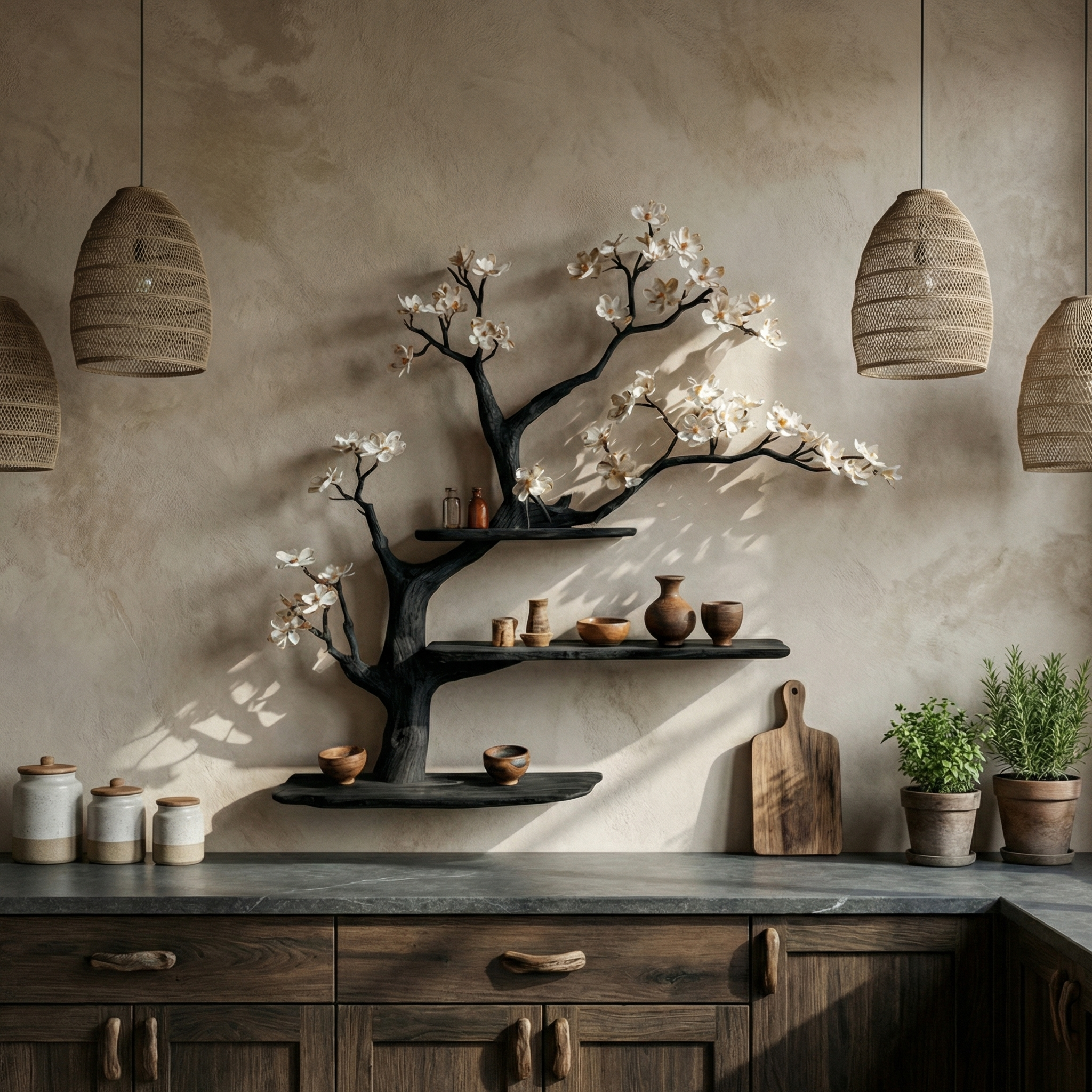 Modern Rustic Tree Shelf Solid Wood Wall Display Home Decor