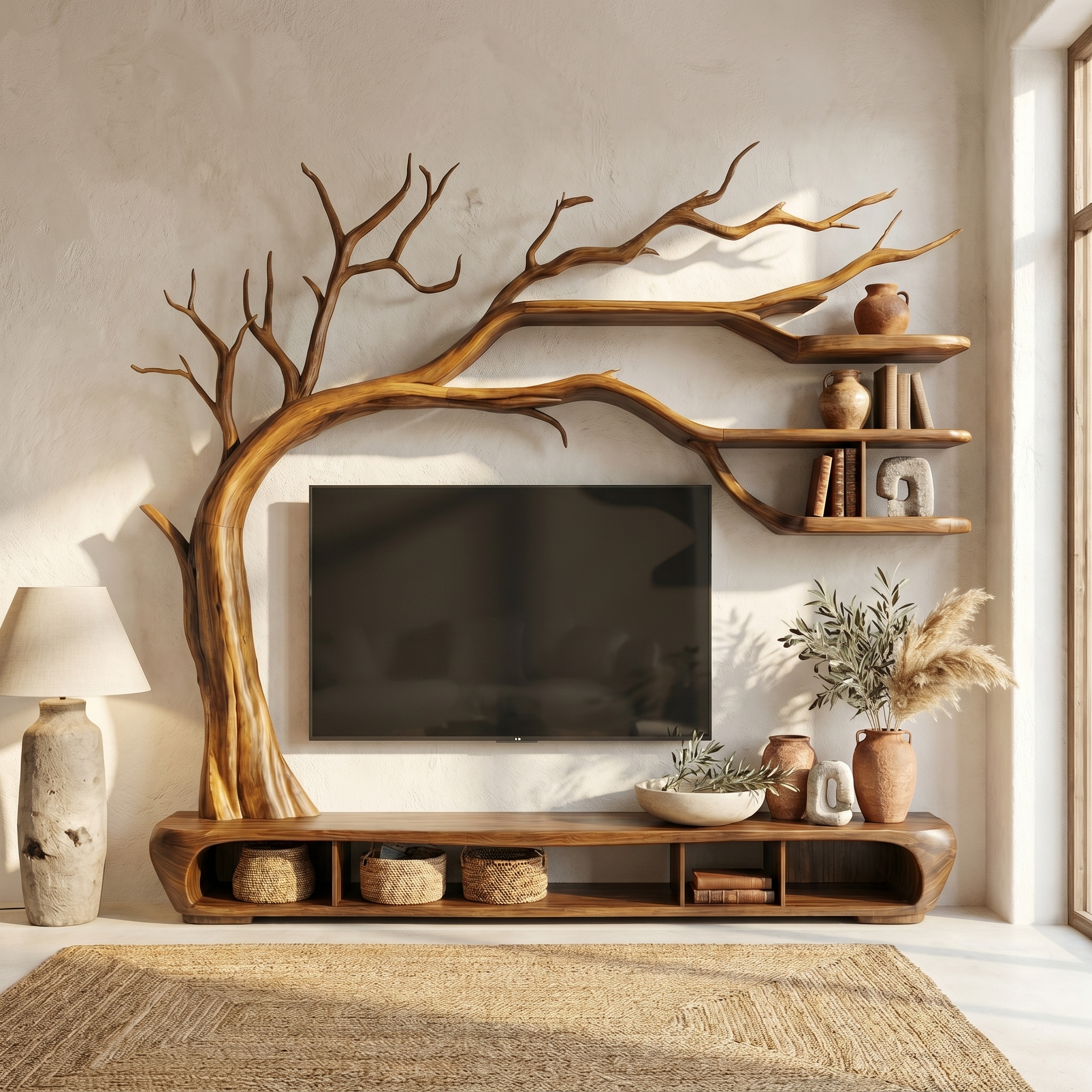 Rustic Sculptural Tree TV Unit For Living Room And Media Area