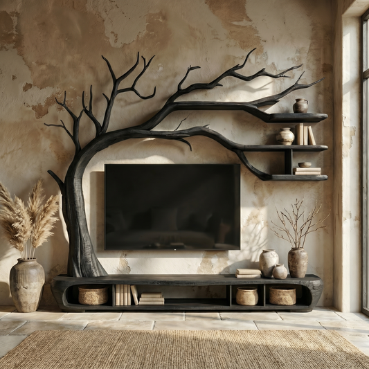 Rustic Sculptural Tree TV Unit For Living Room And Media Area