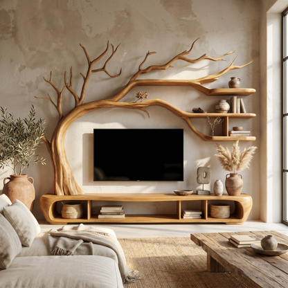 Rustic Sculptural Tree TV Unit For Living Room And Media Area