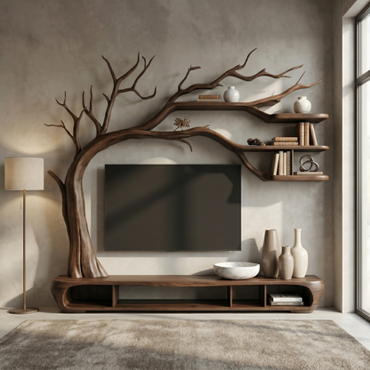 Rustic Sculptural Tree TV Unit For Living Room And Media Area