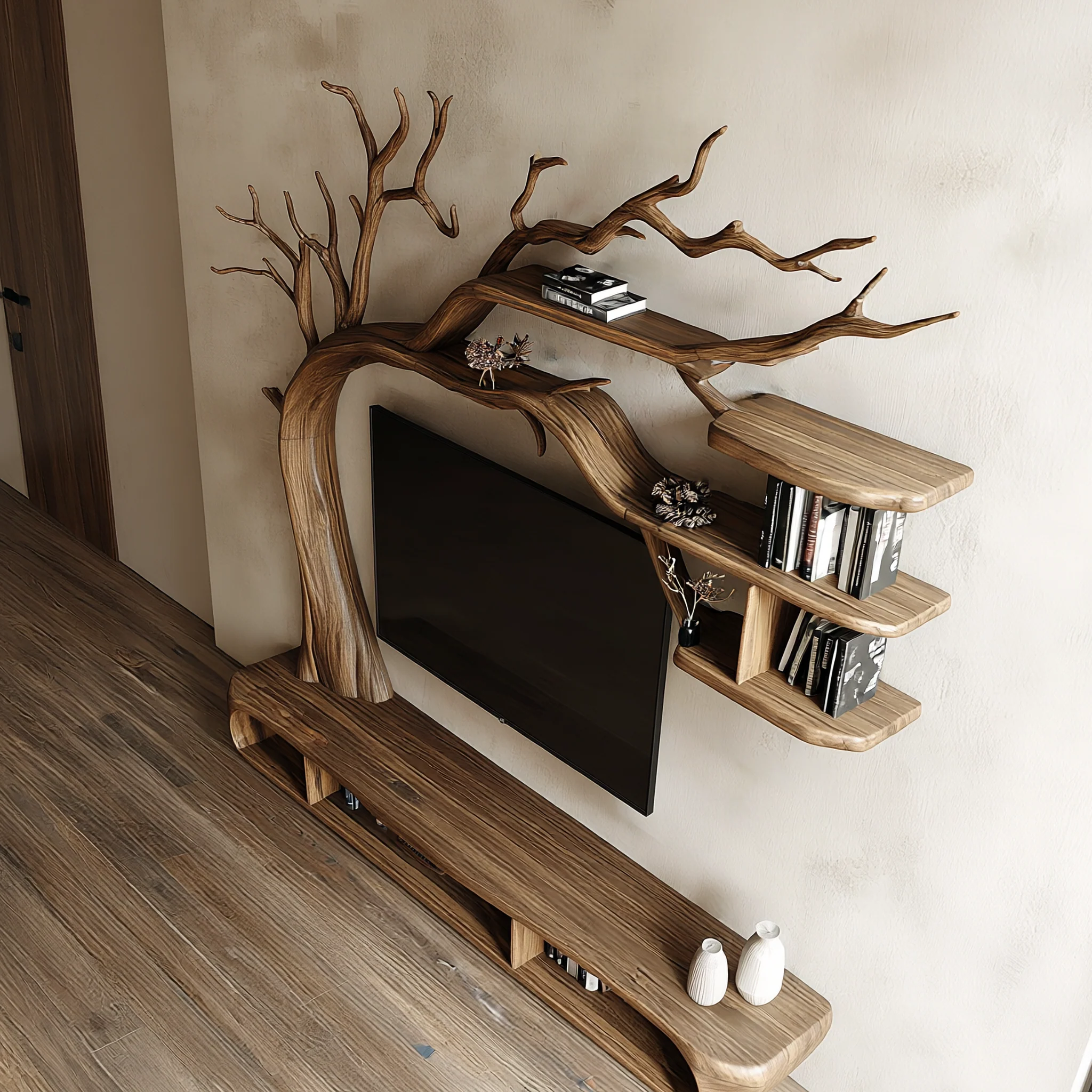 Rustic Sculptural Tree TV Unit For Living Room And Media Area