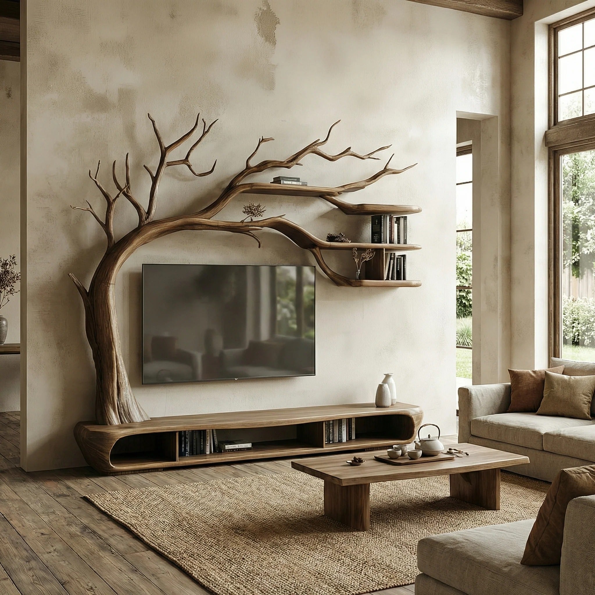 Rustic Sculptural Tree TV Unit For Living Room And Media Area