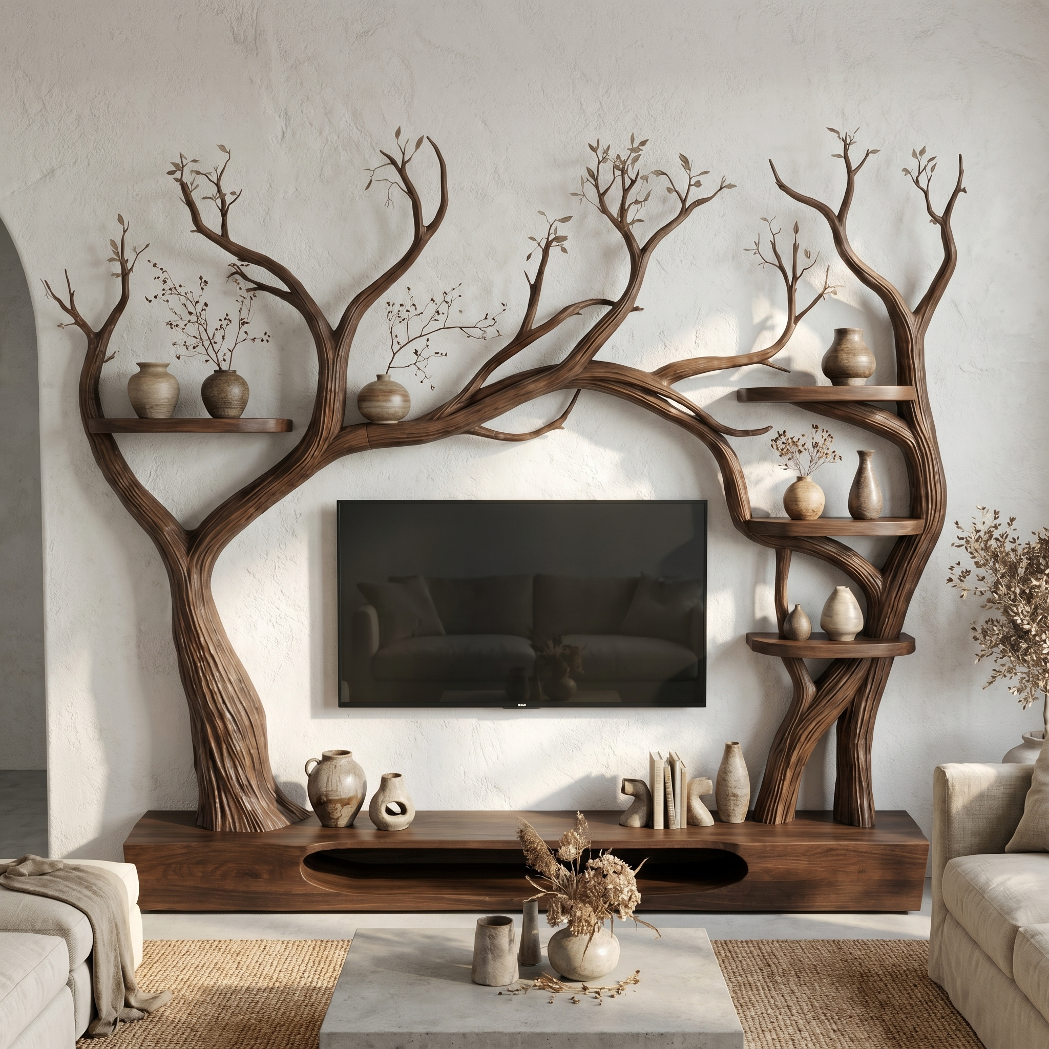 Rustic Tree Inspired TV Stand For Living Room And Interior Decor