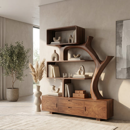 Sculptural Wood Display Shelf With Storage For Living Room