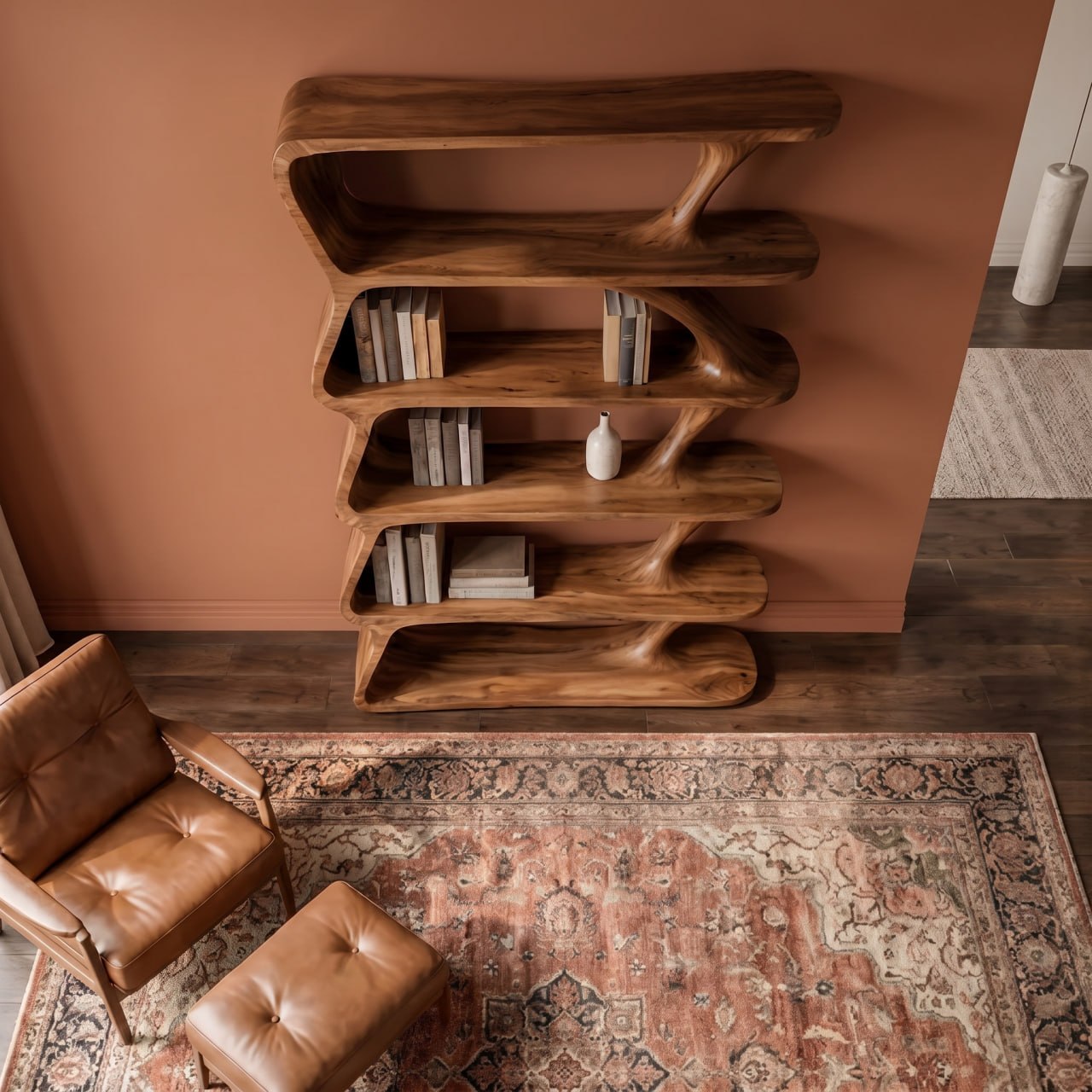 Modern Organic Bookshelf With Sculptural Asymmetrical Shelves And Solid Wood Frame For Living Room